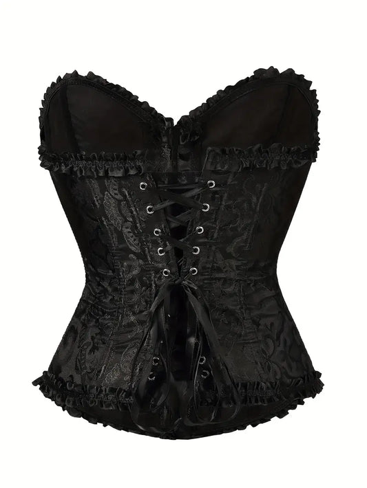 CORSET EN BROCAT NOIR AVEC GARNITURE À VOLANTS