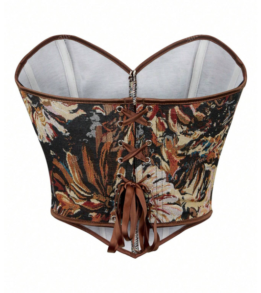 Beige Floral Print Curvy Bust Corset